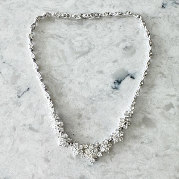 Bug Off Rhinestone Necklace Silver Tone Floral Cluster Sparkle Formal - Picture 1 of 10